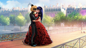 Fondo de pantalla de Ladybug y Cat Noir besándose en el puente — Beso de ladybug y cat noir Fondos de pantalla