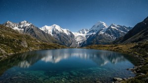 Fondo de pantalla ultra ancho de un sereno lago de montaña bajo un cielo estrellado nocturno.
