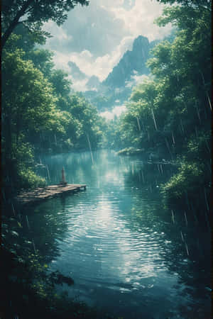 anime,lago,lluvia,bosque,verde,niebla,montañas,muelle,pacífico,melancólico,naturaleza,paisaje,4K — iPhone 4 Fondos de pantalla