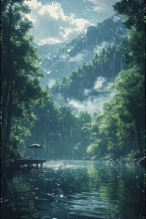 anime,lago,lluvia,bosque,verde,niebla,montañas,muelle,pacífico,melancólico,naturaleza,paisaje,4K — iPhone 4 Fondos de pantalla