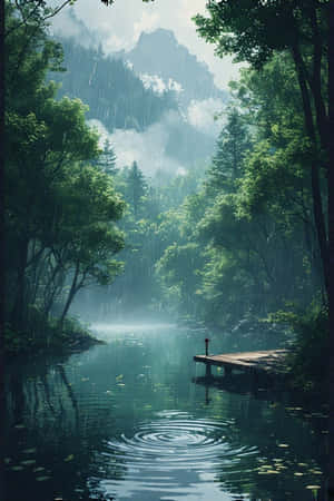 anime,lago,lluvia,bosque,verde,niebla,montañas,muelle,pacífico,melancólico,naturaleza,paisaje,4K — iPhone 4 Fondos de pantalla