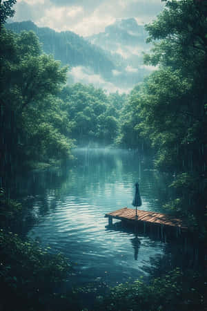 anime,lago,lluvia,bosque,verde,niebla,montañas,muelle,pacífico,melancólico,naturaleza,paisaje,4K — iPhone 4 Fondos de pantalla
