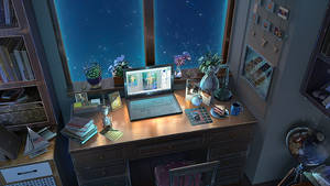 Laptop anime encendida junto a la ventana — Anime laptop Fondos de pantalla