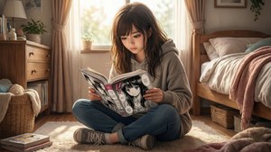 Una escena tranquila de una chica disfrutando manga en su habitación. — Manga GIF Fondos de pantalla