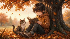 Niño de anime leyendo un libro con un gato bajo un árbol en otoño. — Anime niños Fondos de pantalla