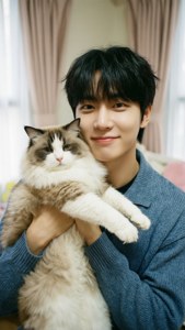 Fondo de pantalla de Lee Know de Stray Kids acurrucándose con un gato, momento tierno