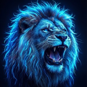 Arte digital de un león rugiendo con melena azul neón — Azul neón Fondos de pantalla
