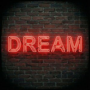Letrero inspirador de neón rojo con la palabra DREAM sobre pared de ladrillo. — Rojo neón Fondos de pantalla