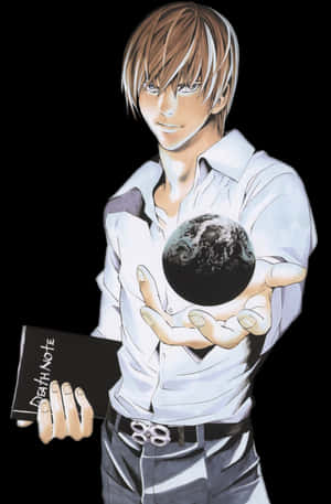 Light Yagami sosteniendo Death Note y la Tierra