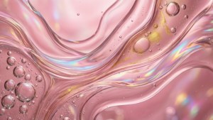 Estética rosa claro abstracta con formas líquidas y destellos dorados.