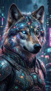 Un lobo galáctico cibernético con circuitos brillantes merodea una ciudad ciberpunk de neón. — iPhone Se Fondos de pantalla