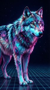 Un lobo galáctico de baja poligonización con patrones geométricos de neón se encuentra sobre una cuadrícula synthwave. — iPhone 6 Fondos de pantalla