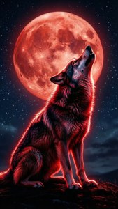 Fondo de pantalla místico de la silueta de un lobo rojo neón aullando a una luna roja. — iPhone 8 Plus Fondos de pantalla