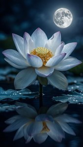 Loto floreciendo bajo una luna llena con reflejos, azul profundo y plateado. — Flor de loto Fondos de pantalla