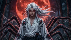 Rui se encuentra sobre una gigantesca telaraña bajo una luna carmesí con ojos rojos brillantes.