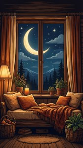 Un fondo de pantalla SVG acogedor de una luna creciente vista a través de una ventana, estilo cottagecore. — Luna Fondos de pantalla