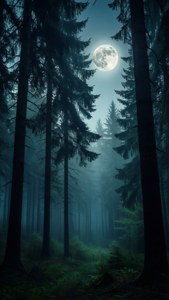 Siluetas de bosque oscuro con luna llena y niebla, fondo de pantalla melancólico azul-verde.