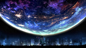 Fondo de pantalla de luna galáctica sobre la ciudad — Galaxia luna Fondos de pantalla