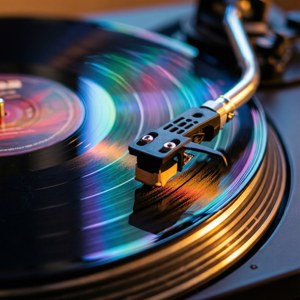 Toma macro de un tocadiscos con reflejos de luz coloridos. — Estética musical Fondos de pantalla