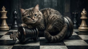 El Gato de Cheshire recostado sobre una pieza de ajedrez en una escena dramática. — Gato de Cheshire Fondos de pantalla