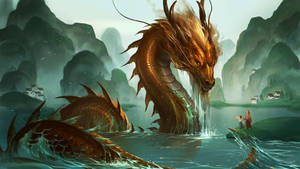 Majestuoso dragón de agua japonés de bronce en una PC