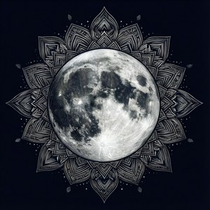 Un fondo de pantalla SVG simétrico de una luna llena con patrones de mándala geométricos. — Luna Fondos de pantalla