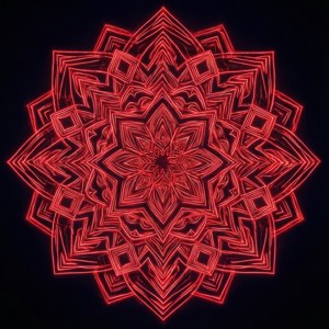 Intrincado mándala geométrico rojo neón sobre fondo negro, diseño psicodélico y meditativo. — Rojo neón Fondos de pantalla