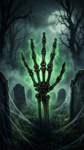 Mano de esqueleto emergiendo de una tumba con niebla y resplandor verde — Estética de halloween Fondos de pantalla