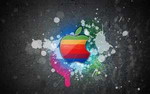 Fondo de pantalla colorido y cool del logotipo de Apple MacBook sobre una pared gris con salpicaduras de pintura