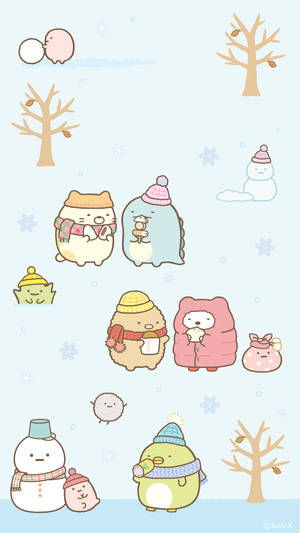 Fondo de pantalla kawaii de personajes Sumikko Gurashi en invierno.