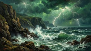 Una escena oceánica tormentosa con acantilados y relámpagos bajo un cielo verde dramático. — Cielo verde Fondos de pantalla