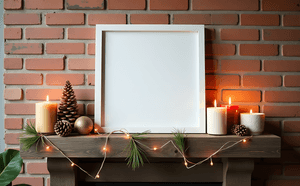 marco,navidad,decoración,repisa,pino,velas,en blanco,celebración,acogedor,temporada navideña,hogar,adorno,festivo,saludo