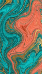 Abstracto de mármol líquido con remolinos verde azulado, coral y dorado, artístico y vibrante.