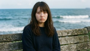 Rikako sola en la playa, sintiéndose triste — Olas del mar Fondos de pantalla