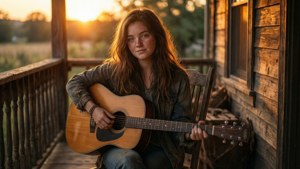 Chica estética tocando guitarra en un porche al atardecer.