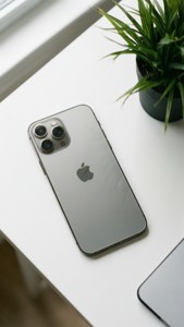 Vista superior del iPhone 12 Pro Max en color plata con una planta.