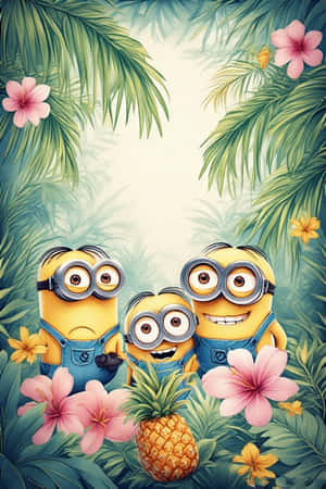 Minions, fondo de pantalla, 4K, jungla tropical, hojas de palma, rosa pastel, amarillo pastel, flores, piñas — Flores Fondos de pantalla