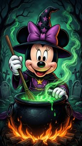 Minnie Mouse como bruja preparando una poción en un cementerio espeluznante.