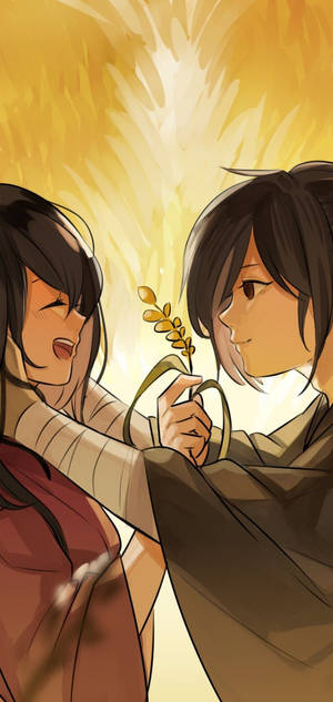 Fondo de pantalla feliz de Mio y Hyakkimaru de Dororo — iPhone 17e Fondos de pantalla