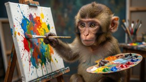 Un mono lindo artista pintando sobre un lienzo con una paleta. — Mono lindo Fondos de pantalla