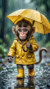 Un mono lindo con un paraguas caminando bajo la lluvia. — Mono lindo Fondos de pantalla