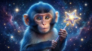 Mono mágico de pelaje azul con una varita estelar en un entorno cósmico — Mono lindo Fondos de pantalla