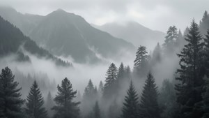 Paisaje montañoso monocromático sereno con niebla y pinos — Estética gris Fondos de pantalla