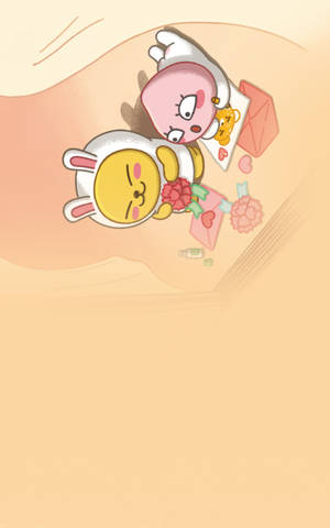 Fondo de pantalla de Kakao Friends, Apeach y Muzi escribiendo cartas de amor. — Galaxy Tab S10+ Fondos de pantalla