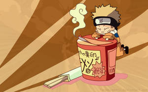 Naruto Uzumaki chibi en su uniforme tratando de subirse a un tazón pequeño de fideos o ramen.