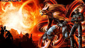 Arte digital de Naruto con su monstruo de chakra, el zorro de nueve colas, en un fondo de fuego.
