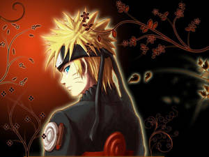 Naruto Uzumaki vistiendo su uniforme de Konoha sobre un fondo rojo y negro con enredaderas y flores.