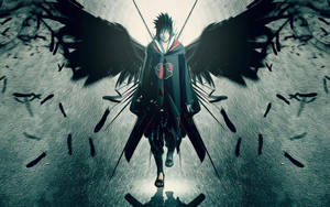 Sasuke Uchiha de la aldea de la hoja caminando en la oscuridad con alas negras fanart.