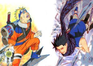 Naruto y Sasuke entrenando chakra con shuriken y kunai.