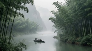 Un brumoso río Yangtsé con bambú y un pescador solitario — Chino Fondos de pantalla